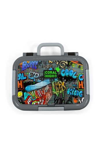 Coral High Kids Siyah Mavi Grafiti Desenli Paslanmaz Çelik Beslenme Kabı 39295 - 5
