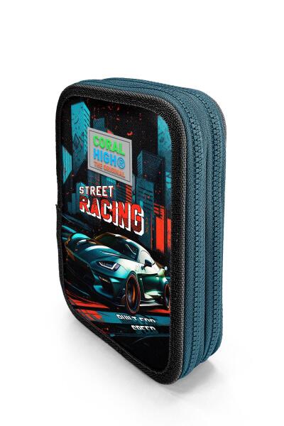 Coral High Kids Siyah Nefti Yarış Arabası Desenli Çift Katlı Kalem Çanta 11151 - 2