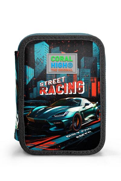 Coral High Kids Siyah Nefti Yarış Arabası Desenli Çift Katlı Kalem Çanta 11151 - 10