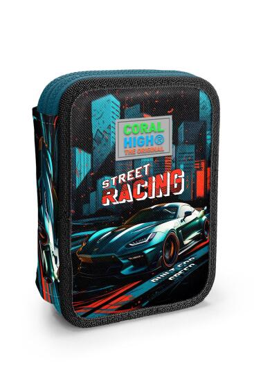 Coral High Kids Siyah Nefti Yarış Arabası Desenli Çift Katlı Kalem Çanta 11151 