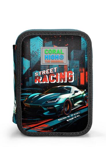 Coral High Kids Siyah Nefti Yarış Arabası Desenli Çift Katlı Kalem Çanta 11151 - 10
