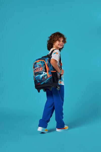 Coral High Kids Siyah Nefti Yarış Arabası Desenli Üç Bölmeli Çekçekli Okul Sırt Çantası 23965 - 2