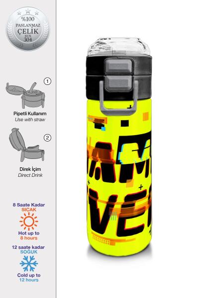 Coral High Kids Siyah Neon Sarı Game Over Desenli Pipetli ve Direkt İçim Çelik Termos 500 ml 31936 - 1
