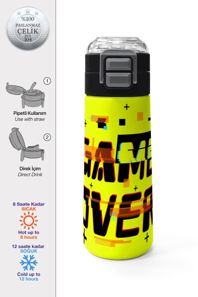 Coral High Kids Siyah Neon Sarı Game Over Desenli Pipetli ve Direkt İçim Çelik Termos 500 ml 31936 - 1