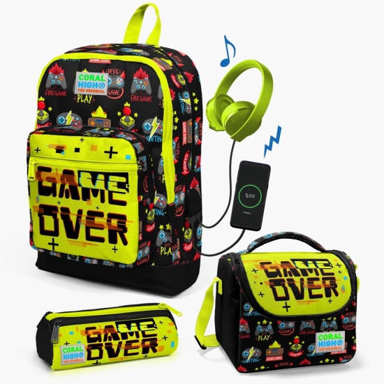 Coral High Kids Siyah Neon Sarı Game Over Desenli USB'li 3’lü Okul Çanta Seti SET0123828 - 1