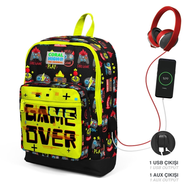 Coral High Kids Siyah Neon Sarı Game Over Desenli USB'li 3’lü Okul Çanta Seti SET0123828 - 2