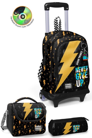Coral High Kids Siyah Never Give Up Desenli Çekçekli 3'lü Çanta Seti SET0134020 