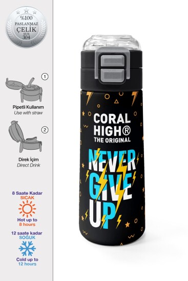Coral High Kids Siyah Never Gıve Up Yazı Desenli Pipetli ve Direkt İçim Çelik Termos 500 ml 38120 - Coral High