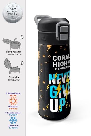 Coral High Kids Siyah Never Gıve Up Yazı Desenli Pipetli ve Direkt İçim Çelik Termos 500 ml 38120 