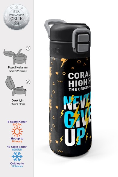 Coral High Kids Siyah Never Gıve Up Yazı Desenli Pipetli ve Direkt İçim Çelik Termos 500 ml 38120 - 1