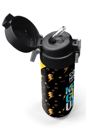 Coral High Kids Siyah Never Gıve Up Yazı Desenli Pipetli ve Direkt İçim Çelik Termos 500 ml 38120 - 2