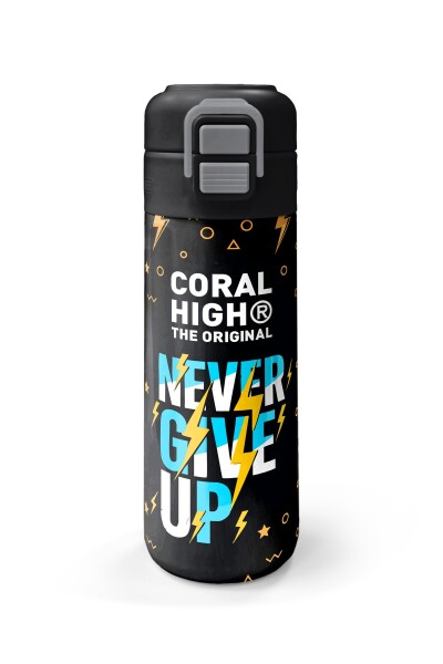 Coral High Kids Siyah Never Gıve Up Yazı Desenli Pipetli ve Direkt İçim Çelik Termos 500 ml 38120 - 4