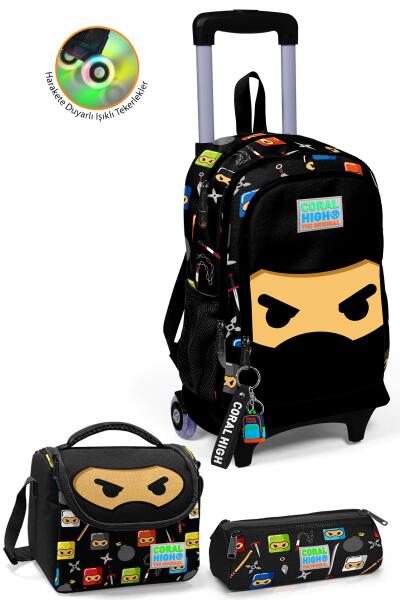 Coral High Kids Siyah Ninja Desenli Çekçekli 3'lü Çanta Seti SET0123381 - 1