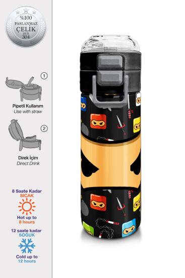 Coral High Kids Siyah Ninja Desenli Pipetli ve Direkt İçim Çelik Termos 500 ml 31919 - Coral High KIDS