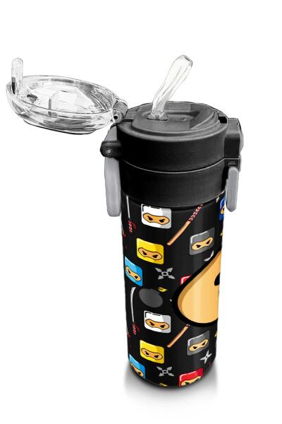 Coral High Kids Siyah Ninja Desenli Pipetli ve Direkt İçim Çelik Termos 500 ml 31919 - 5