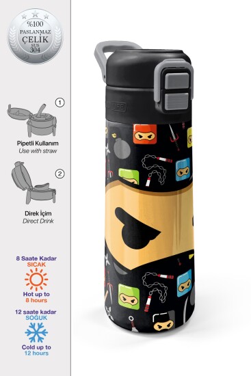 Coral High Kids Siyah Ninja Desenli Pipetli ve Direkt İçim Çelik Termos 500 ml 31919 