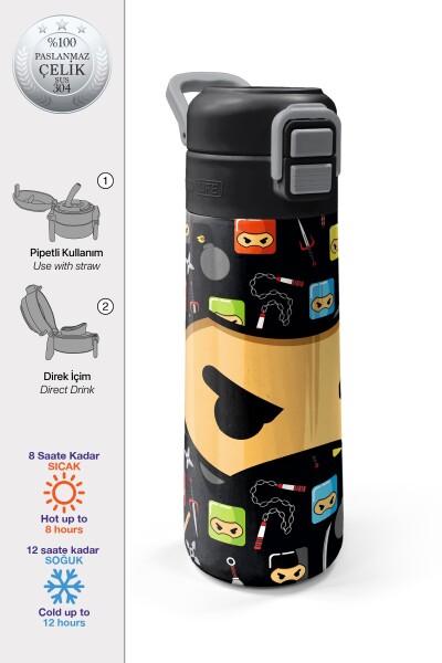 Coral High Kids Siyah Ninja Desenli Pipetli ve Direkt İçim Çelik Termos 500 ml 31919 - 1