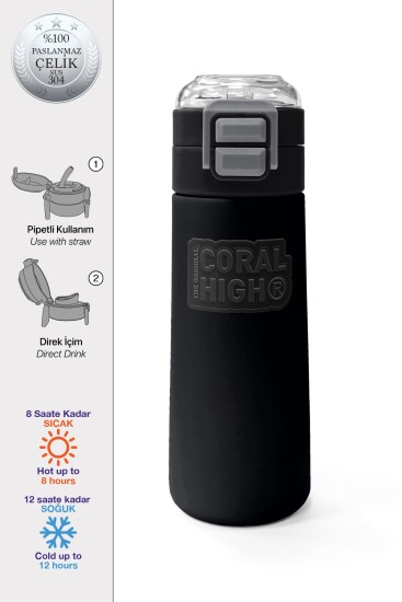 Coral High Kids Siyah Pipetli ve Direkt İçim Çelik Termos 500 ml 31827 - Coral High KIDS
