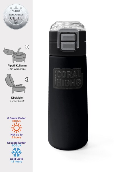 Coral High Kids Siyah Pipetli ve Direkt İçim Çelik Termos 500 ml 31827 - 1