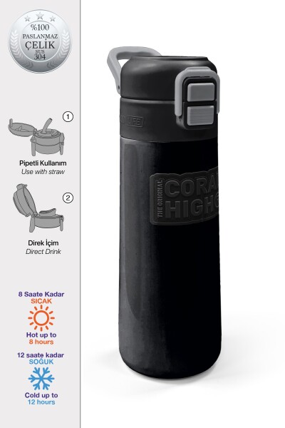Coral High Kids Siyah Pipetli ve Direkt İçim Çelik Termos 500 ml 31827 - 1