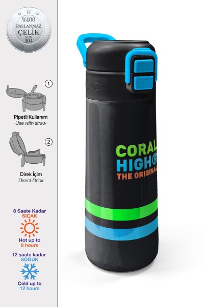 Coral High Kids Siyah Pipetli ve Direkt İçim Çelik Termos 500 ml 31929 - 1