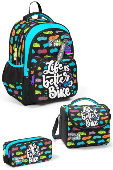 Coral High Kids Siyah Renkli Bisiklet Desenli 3'lü Okul Çanta Seti SET0133243 - 1