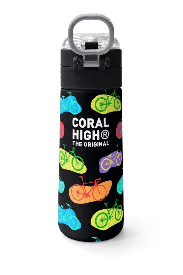 Coral High Kids Siyah Renkli Bisiklet Desenli Pipetli ve Direkt İçim Çelik Termos 500 ml 38125 - 4