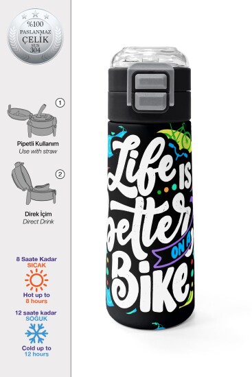 Coral High Kids Siyah Renkli Bisiklet Desenli Pipetli ve Direkt İçim Çelik Termos 500 ml 38125 - 1