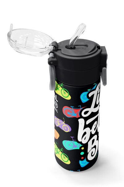 Coral High Kids Siyah Renkli Bisiklet Desenli Pipetli ve Direkt İçim Çelik Termos 500 ml 38125 - 5