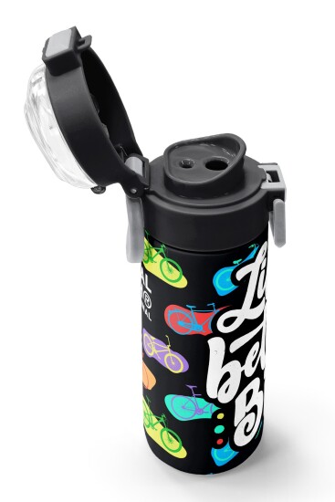 Coral High Kids Siyah Renkli Bisiklet Desenli Pipetli ve Direkt İçim Çelik Termos 500 ml 38125 - 6