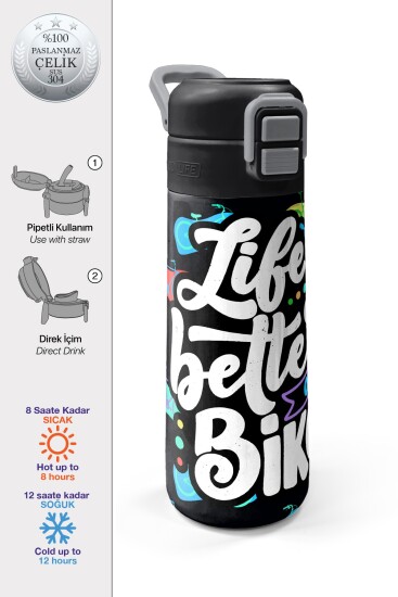 Coral High Kids Siyah Renkli Bisiklet Desenli Pipetli ve Direkt İçim Çelik Termos 500 ml 38125 