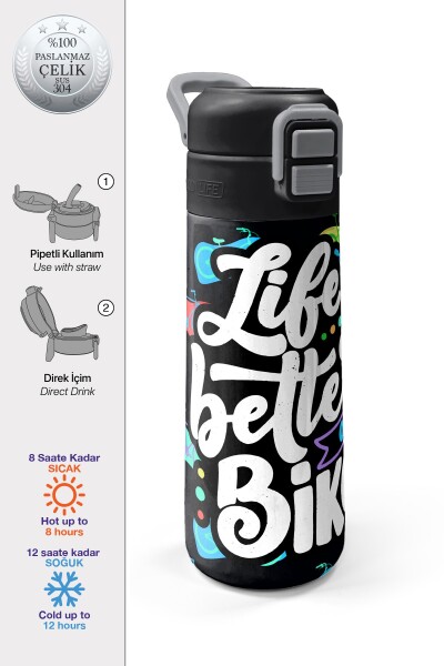 Coral High Kids Siyah Renkli Bisiklet Desenli Pipetli ve Direkt İçim Çelik Termos 500 ml 38125 - 1