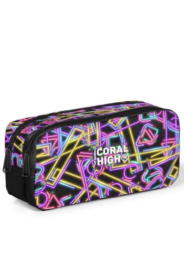 Coral High Kids Siyah Renkli Neon Desenli İki Bölmeli Kalem Çantası 31048 