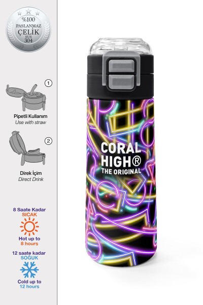 Coral High Kids Siyah Renkli Neon Desenli Pipetli ve Direkt İçim Çelik Termos 500 ml 38130 - 1
