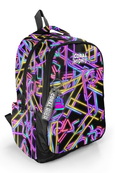 Coral High Kids Siyah Renkli Neon Desenli Üç Bölmeli Okul Sırt Çantası 33248 