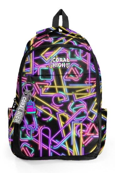 Coral High Kids Siyah Renkli Neon Desenli Üç Bölmeli Okul Sırt Çantası 33248 - 6