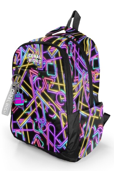 Coral High Kids Siyah Renkli Neon Desenli Üç Bölmeli Okul Sırt Çantası 33248 - 7