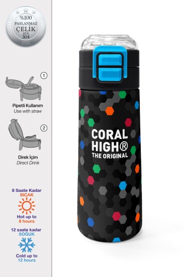 Coral High Kids Siyah Renkli Petek Desenli Pipetli ve Direkt İçim Çelik Termos 500 ml 38110 - 1