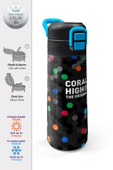 Coral High Kids Siyah Renkli Petek Desenli Pipetli ve Direkt İçim Çelik Termos 500 ml 38110 