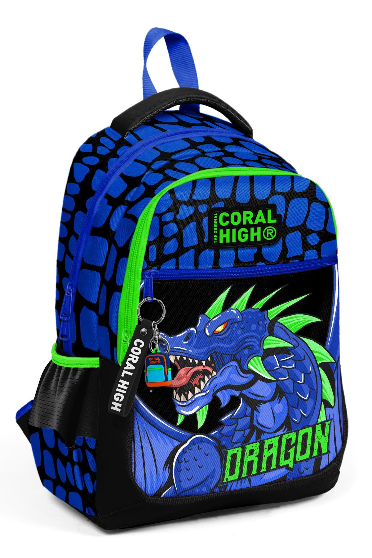 Coral High Kids Siyah Saks Ejderha Desenli Üç Bölmeli Okul Sırt Çantası 23485