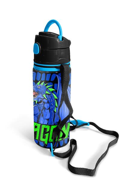 Coral High Kids Siyah Saks Ejderha Desenli Pipetli Alüminyum Matara 600 ml 11942 - 3