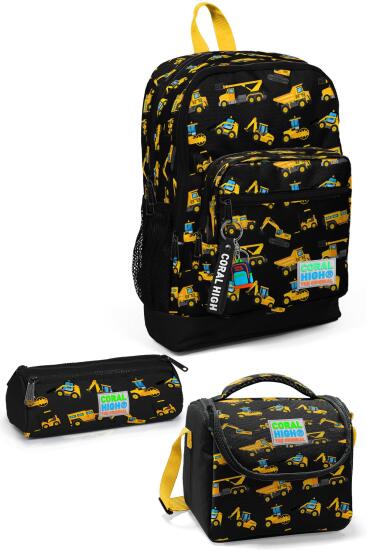 Coral High Kids Siyah Sarı İş Makinesi Desenli 3’lü Okul Çanta Seti SET0123475 