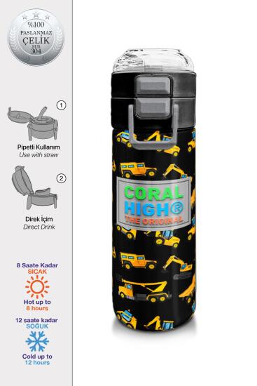 Coral High Kids Siyah Sarı İş Makinesi Desenli Pipetli ve Direkt İçim Çelik Termos 500 ml 31920 - Coral High KIDS