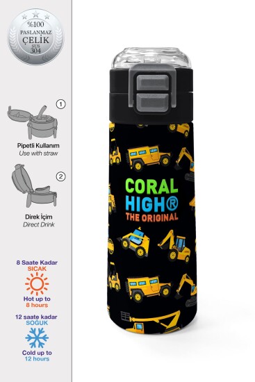 Coral High Kids Siyah Sarı İş Makinesi Desenli Pipetli ve Direkt İçim Çelik Termos 500 ml 31920 