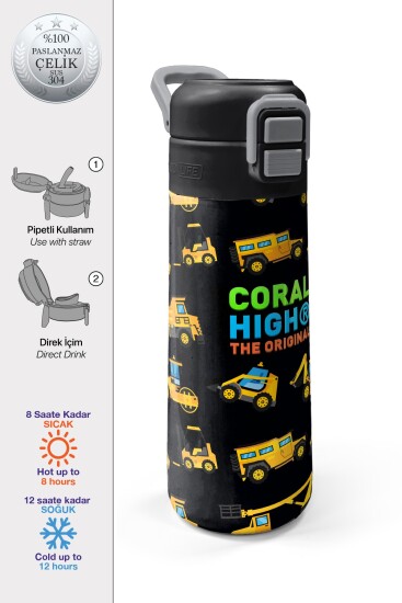 Coral High Kids Siyah Sarı İş Makinesi Desenli Pipetli ve Direkt İçim Çelik Termos 500 ml 31920 