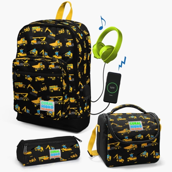 Coral High Kids Siyah Sarı İş Makinesi Desenli USB'li 3’lü Okul Çanta Seti SET0123288 