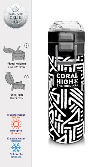 Coral High Kids SiyahBeyaz Geometrik Desenli Pipetli ve Direkt İçim Çelik Termos 500 ml 31882 - Coral High KIDS