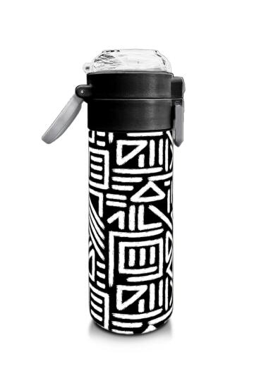 Coral High Kids SiyahBeyaz Geometrik Desenli Pipetli ve Direkt İçim Çelik Termos 500 ml 31882 - 2