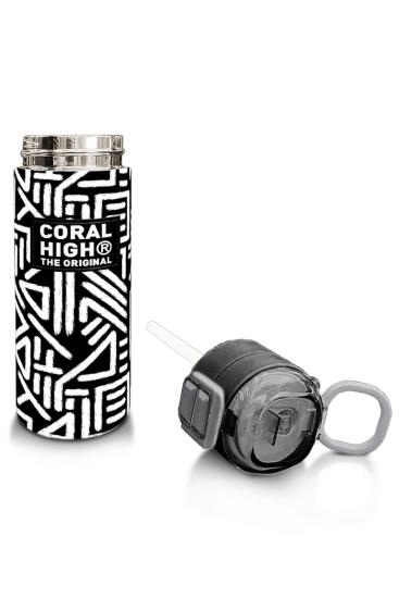 Coral High Kids SiyahBeyaz Geometrik Desenli Pipetli ve Direkt İçim Çelik Termos 500 ml 31882 - 4