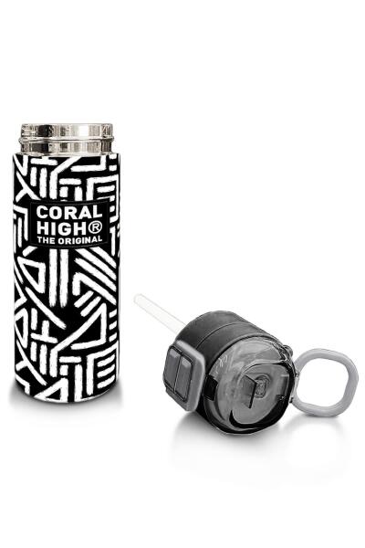 Coral High Kids SiyahBeyaz Geometrik Desenli Pipetli ve Direkt İçim Çelik Termos 500 ml 31882 - 4